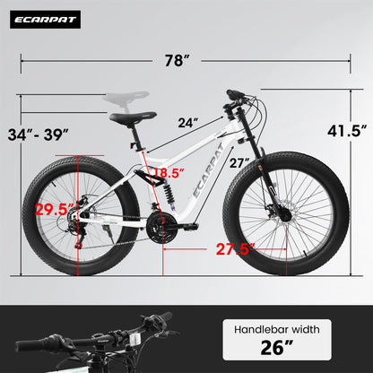 26" Men's Full-Suspension Fat Tire Mountain Bike (Black) - Shimano 21-Speed & Dual Disc Brakes