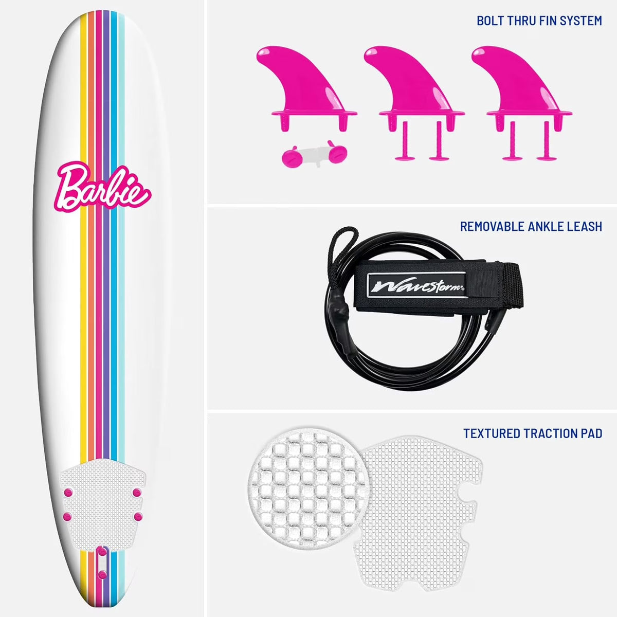 Barbie Signature 8Ft Surfboard by  | Soft Foam Surfboard for Kids and Adults | Graphic Top Deck with High Density Slick Bottom | White and Pink Color | Leg Leash and Fin Set Included