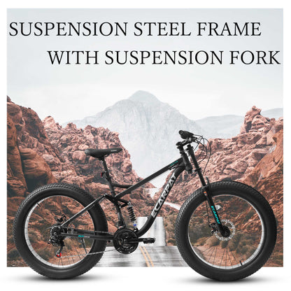 26" Men's Full-Suspension Fat Tire Mountain Bike (Black) - Shimano 21-Speed & Dual Disc Brakes