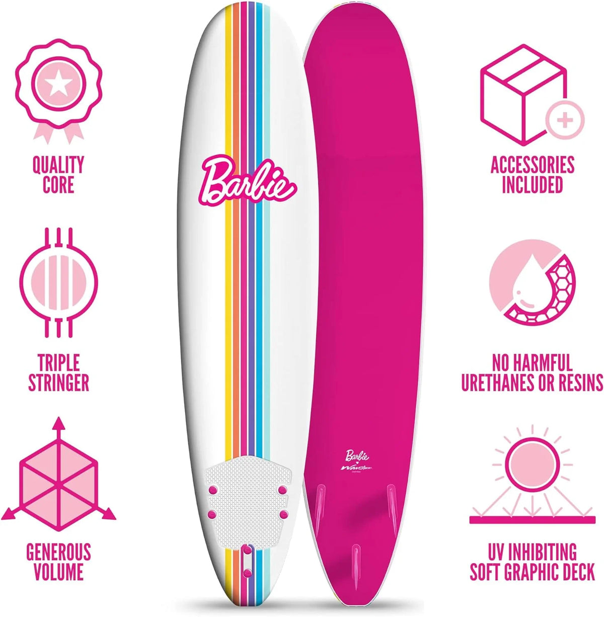 Barbie Signature 8Ft Surfboard by  | Soft Foam Surfboard for Kids and Adults | Graphic Top Deck with High Density Slick Bottom | White and Pink Color | Leg Leash and Fin Set Included
