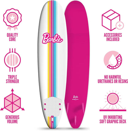 Barbie Signature 8Ft Surfboard by  | Soft Foam Surfboard for Kids and Adults | Graphic Top Deck with High Density Slick Bottom | White and Pink Color | Leg Leash and Fin Set Included