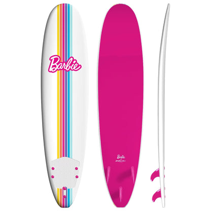 Barbie Signature 8Ft Surfboard by  | Soft Foam Surfboard for Kids and Adults | Graphic Top Deck with High Density Slick Bottom | White and Pink Color | Leg Leash and Fin Set Included