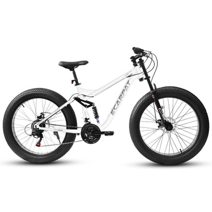 26" Men's Full-Suspension Fat Tire Mountain Bike (White) - Shimano 21-Speed & Dual Disc Brakes
