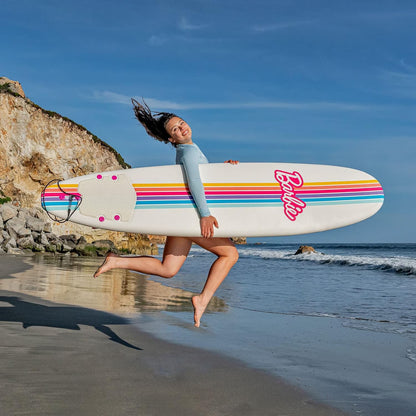 Barbie Signature 8Ft Surfboard by  | Soft Foam Surfboard for Kids and Adults | Graphic Top Deck with High Density Slick Bottom | White and Pink Color | Leg Leash and Fin Set Included