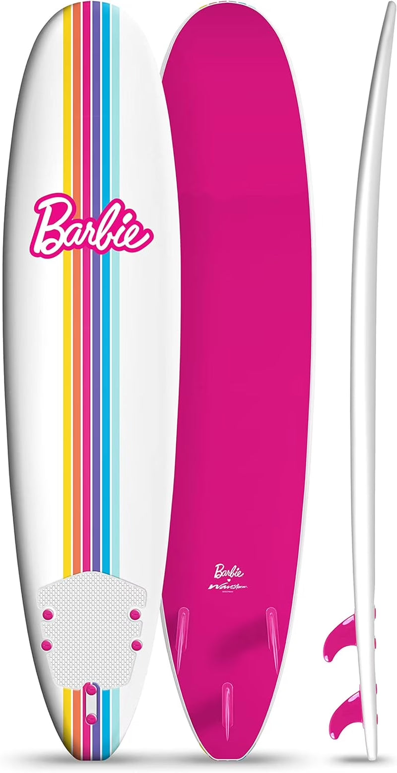 Barbie Signature 8Ft Surfboard by  | Soft Foam Surfboard for Kids and Adults | Graphic Top Deck with High Density Slick Bottom | White and Pink Color | Leg Leash and Fin Set Included