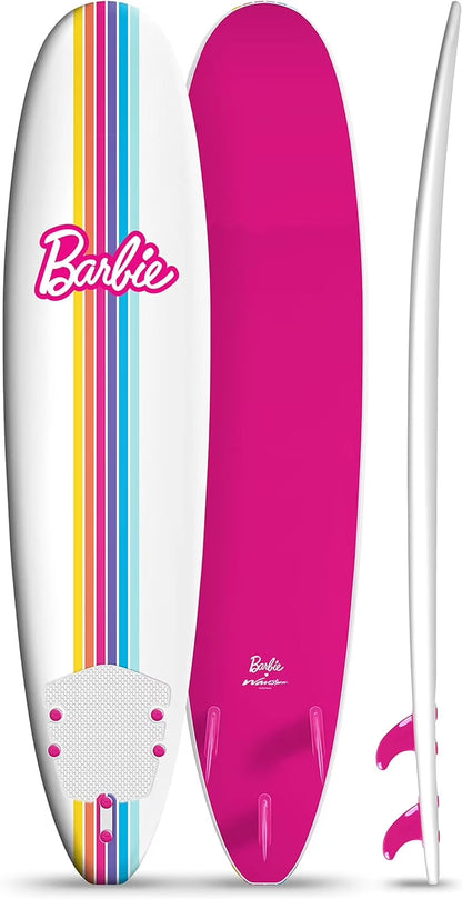 Barbie Signature 8Ft Surfboard by  | Soft Foam Surfboard for Kids and Adults | Graphic Top Deck with High Density Slick Bottom | White and Pink Color | Leg Leash and Fin Set Included