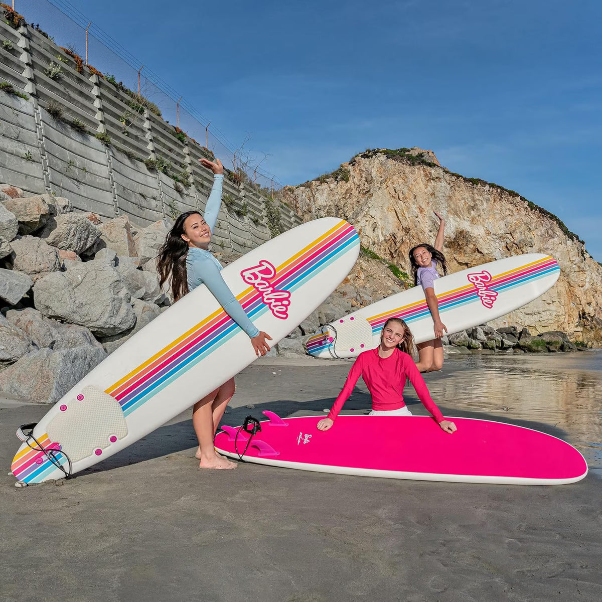 Barbie Signature 8Ft Surfboard by  | Soft Foam Surfboard for Kids and Adults | Graphic Top Deck with High Density Slick Bottom | White and Pink Color | Leg Leash and Fin Set Included