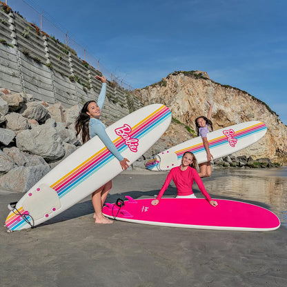 Barbie Signature 8Ft Surfboard by  | Soft Foam Surfboard for Kids and Adults | Graphic Top Deck with High Density Slick Bottom | White and Pink Color | Leg Leash and Fin Set Included