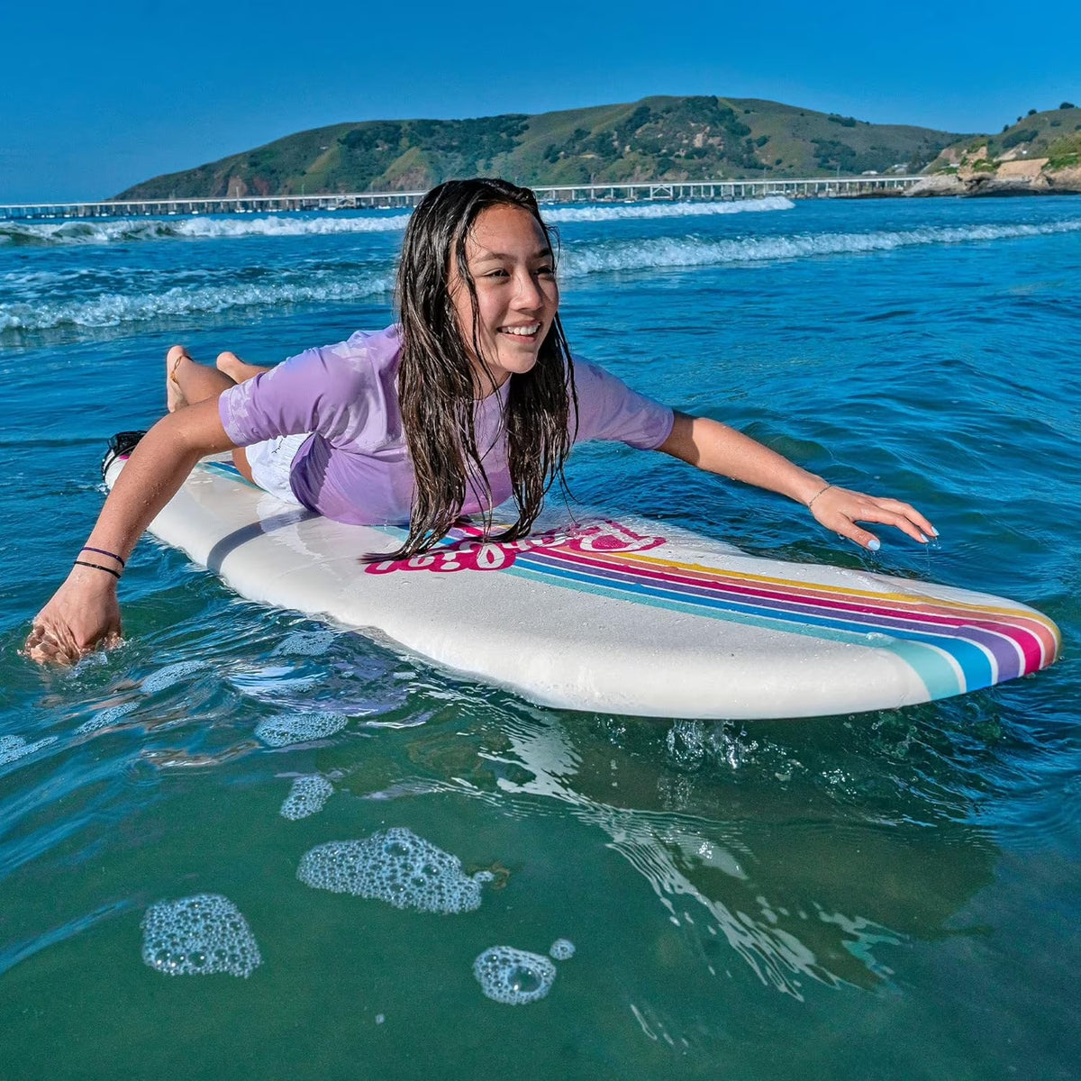 Barbie Signature 8Ft Surfboard by  | Soft Foam Surfboard for Kids and Adults | Graphic Top Deck with High Density Slick Bottom | White and Pink Color | Leg Leash and Fin Set Included