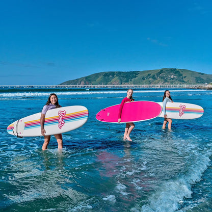 Barbie Signature 8Ft Surfboard by  | Soft Foam Surfboard for Kids and Adults | Graphic Top Deck with High Density Slick Bottom | White and Pink Color | Leg Leash and Fin Set Included